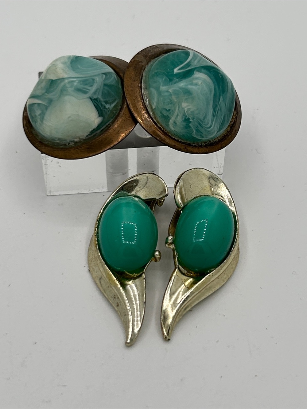 Green Marbled and Emerald Colored Lucite Clip-On Earring Set